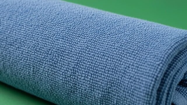 Close up of a rolled blue microfiber cloth on a green background.