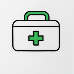 Fototapeta premium Cartoon first aid kit icon with a green cross on a white background