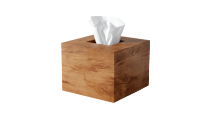 Wooden tissue box, square, with tissues sticking out, isolated