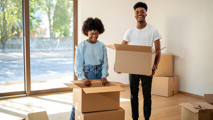 Happy young couple moving into new home together