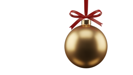 A luxurious golden christmas ornament with a red satin bow hanging elegantly isolated on transparent background