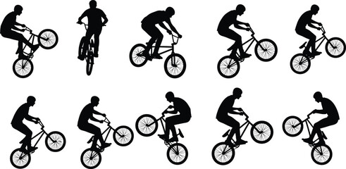 Obraz premium Black silhouettes of men performing bicycle stunts on white background bike cyclist