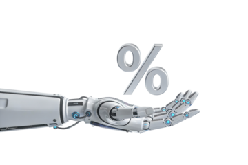Robotic hand presenting a percent symbol, symbolizing AI pricing, discounts, interest rates, and financial calculations. Isolated PNG clipart for business analytics, finance, and automation visuals.