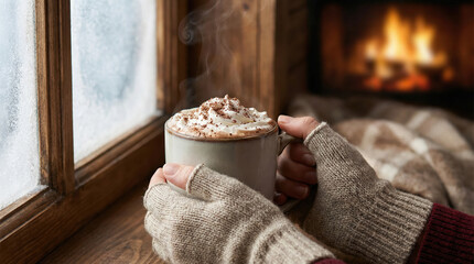Person holding a frothy hot drink by a cozy fireplace