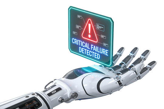 Robotic hand displaying a digital warning panel, representing AI error detection, system alerts, and critical failure monitoring. Isolated PNG clipart for cybersecurity and technology diagnostics