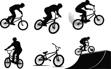 Obraz premium Black silhouettes of people riding bicycles in various action poses bike cycling