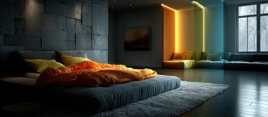 Modern bedroom with colorful accent lighting
