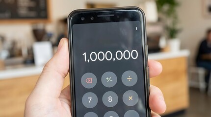 Close-up of a hand holding a smartphone displaying the number one million on its calculator app.