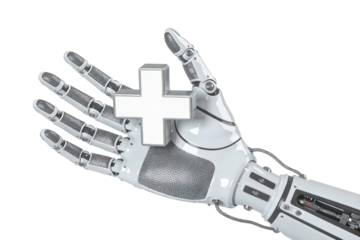 Robotic hand presenting a medical plus symbol, representing AI healthcare support, digital medicine, and assistance services. Isolated PNG clipart for health technology and innovation visuals.