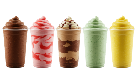 Five gourmet blended frozen beverages, dark chocolate, strawberry, chocolate hazelnut, mint, tropical fruit, on white background, studio flash, concept for beverage advertising