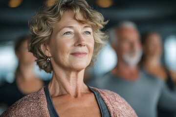 Older adult woman practising balance exercises during a wellness class, senior fitness