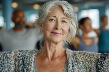 Senior lady working on stability exercises at an indoor fitness class, health and wellness