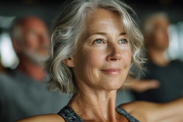 Active senior woman practising balance exercises in a guided exercise class, healthy ageing