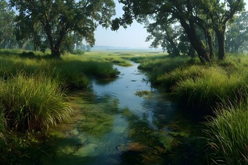 Freshwater wetlands with freshwater channels, wetland ecosystem