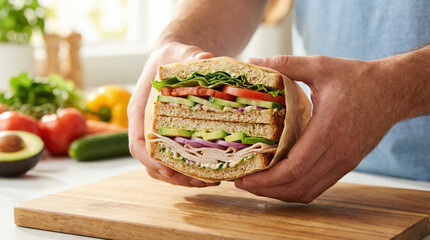 Hands Holding a Large Sandwich with Fresh Vegetables