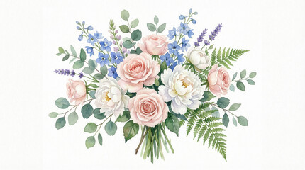 Mixed Bouquet of Pink and White Roses with Blue Flowers, Watercolor Style