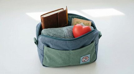 Travel essentials in a canvas bag with heart-shaped object