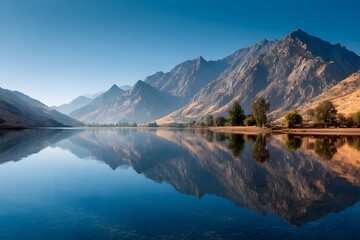 Snow-capped peaks reflected across a mountain lake, wilderness view