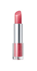 Rose pink lipstick in silver & clear case, against a black backdrop