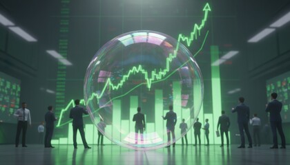 A large bubble reflects traders watching a green rising chart in a dark control room to show collective speculation. This image represents market crowd behavior, trend chasing or financial pressure