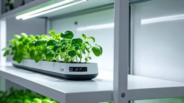 Modern indoor gardening system with basil plants growing under LED lights on shelves.