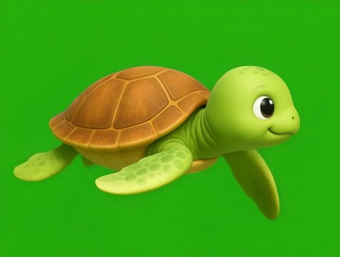 Cute Cartoon Sea Turtle Swimming on Green Screen Background for Children&rsquo;s Videos and Educational Animations
