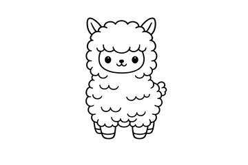 Obraz premium Cute fluffy cartoon llama standing facing forward black outline for coloring book