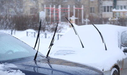 The windshield wipers of parked cars are raised vertically on a cold day