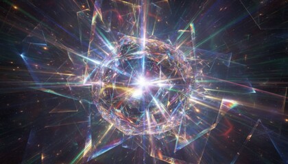 Abstract crystalline sphere radiating intense multicolored light beams sharp faceted structure creating dazzling energetic visual effect