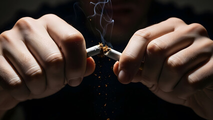 Person breaking cigarette in half with both hands