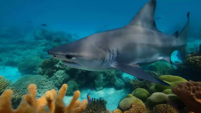 Shark swims through coral reef while colorful fish swim nearby in ocean waters