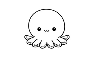 Minimalist black and white line drawing of a cute smiling cartoon octopus character
