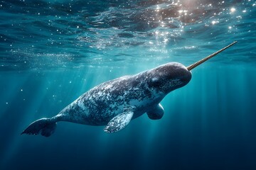 Narwhal swimming in arctic ocean, marine mammal