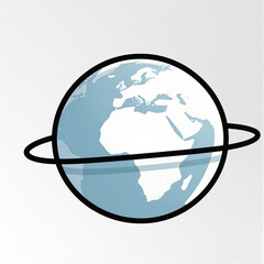 Flat vector cartoon planet with a ring around it, blue oceans and white landmasses, isolated on white background