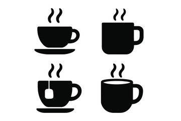 Four black silhouette icons of hot beverages in cups and mugs with steam