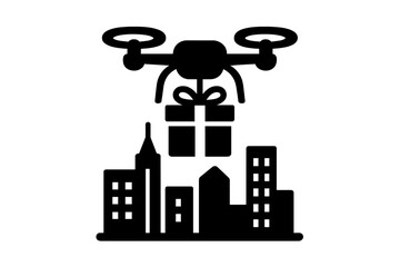 Drone delivery service carrying a gift box over a city skyline silhouette