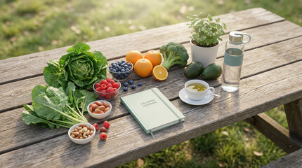 Fresh produce, notebook, water bottle on wooden picnic table