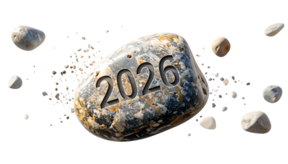 Engraved 2026 number on a floating stone surrounded by flying pebbles, representing future goals and limitless potential.