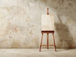 Easel with blank canvas sits against a textured, plaster-like wall