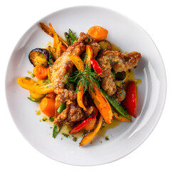 Stir-Fried Beef with Bell Peppers and Onions on White Plate Closeup