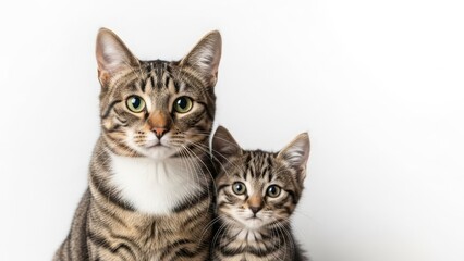 Mother cat and kitten looking directly at camera against white background