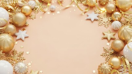 Christmas decoration frame with gold and white ornaments