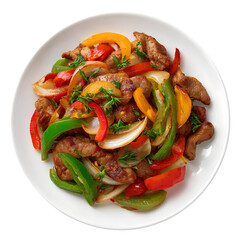 Stir-Fried Beef with Bell Peppers and Onions on White Plate Closeup