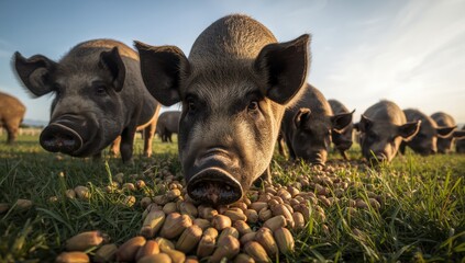 Large Iberian pigs with prominent black noses foraging for acorns in a field