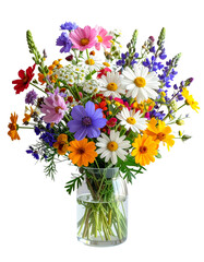 Obraz premium A colorful bouquet of mixed wildflowers in a clear glass vase, symbolizing the fresh beauty of spring nature.