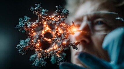 Scientist intensely examines glowing microscopic virus particle, revealing intricate molecular structure and potential threat in sterile laboratory setting