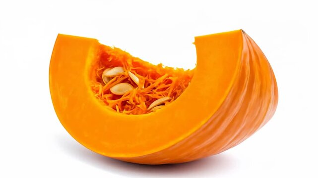 Vibrant orange pumpkin slice with seeds, isolated on a clean white background.