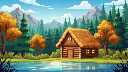 Serene log cabin by the lake in the woods