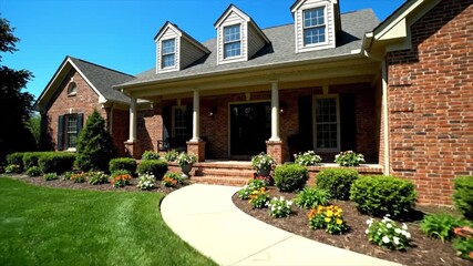 Stately brick residence with meticulously manicured front yard and vibrant garden on a clear, sunny day, showcasing classic suburban home architecture and inviting curb appeal
