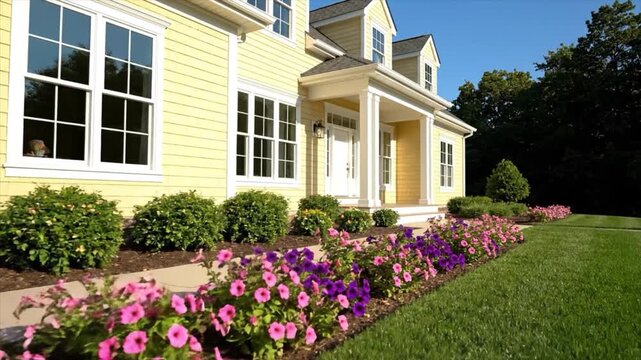 Charming yellow suburban home with a beautifully landscaped front garden, featuring vibrant blooming flowers and lush greenery under a clear sky, an inviting concept for modern living